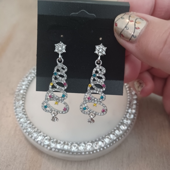 Silver Rhinestone Christmas Tree Star Drop Stud Earrings - Picture 6 of 7